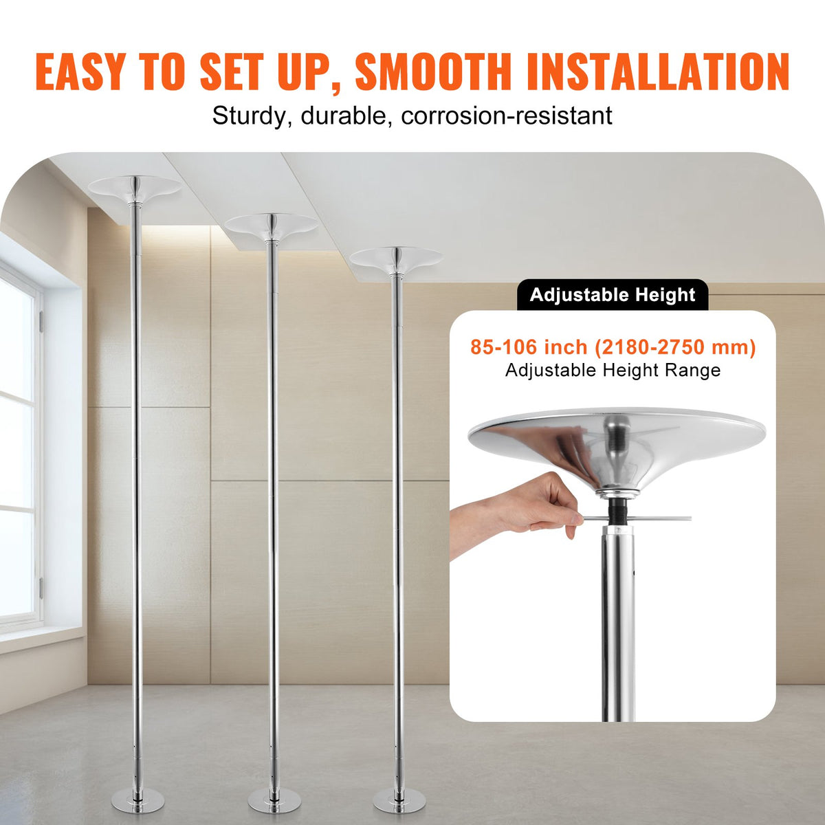 VEVOR Professional Dancing Pole, Spinning Static Dancing Pole Kit, Portable Removable Pole, 45mm Heavy-Duty Stainless Steel Pole, Height Adjustable Fitness Pole, for Exercise Home Club Gym, Silver - DBDJZXYS8810VZHHKV0 - view 6