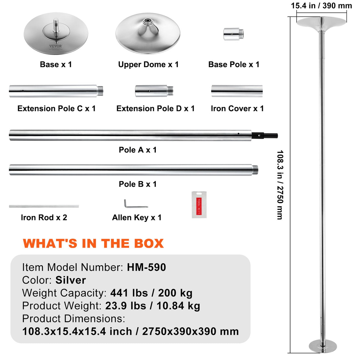 VEVOR Professional Dancing Pole, Spinning Static Dancing Pole Kit, Portable Removable Pole, 45mm Heavy-Duty Stainless Steel Pole, Height Adjustable Fitness Pole, for Exercise Home Club Gym, Silver - DBDJZXYS8810VZHHKV0 - view 8