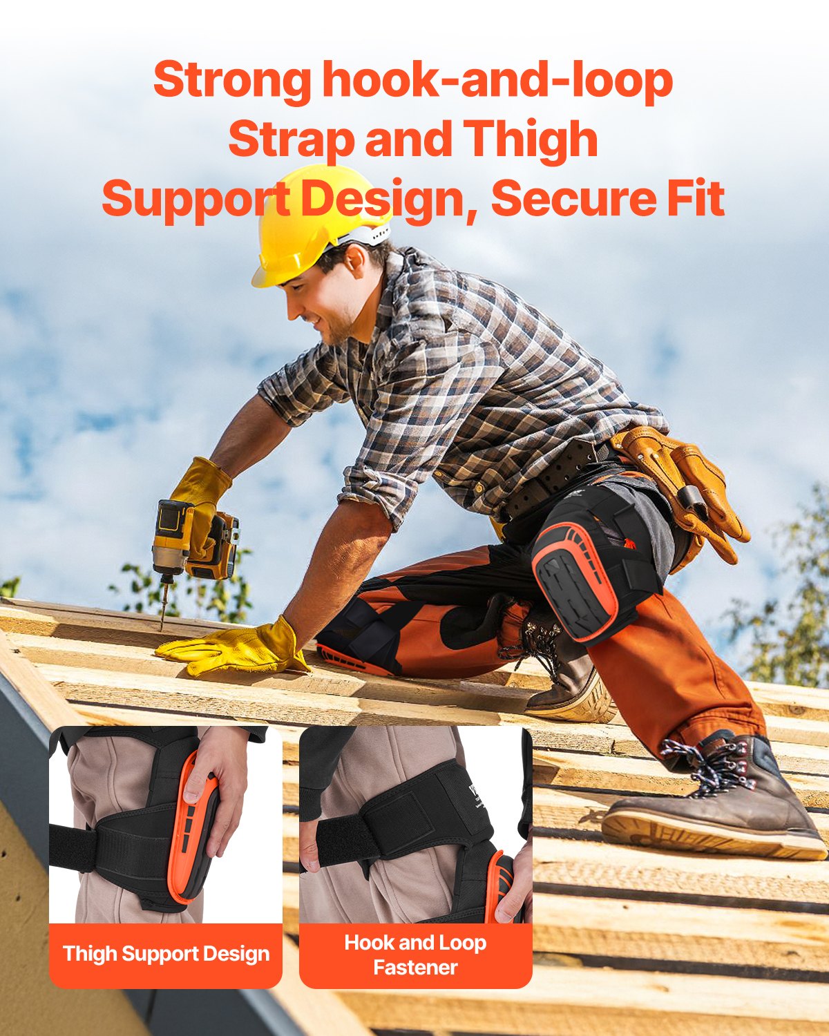 VEVOR Knee Pads for Work, Extended Heavy Duty Construction Knee Pads with 2 Extension Straps, Anti-slip Foam Gel Knee Pads, Men & Women, for Gardening Flooring Roofing and Cleaning, Black and Orange - DBHXHSCSJZKH76BTFV0 - view 5