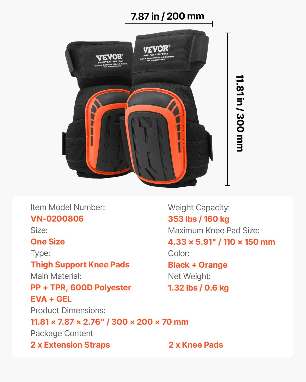 VEVOR Knee Pads for Work, Extended Heavy Duty Construction Knee Pads with 2 Extension Straps, Anti-slip Foam Gel Knee Pads, Men & Women, for Gardening Flooring Roofing and Cleaning, Black and Orange - DBHXHSCSJZKH76BTFV0 - view 8