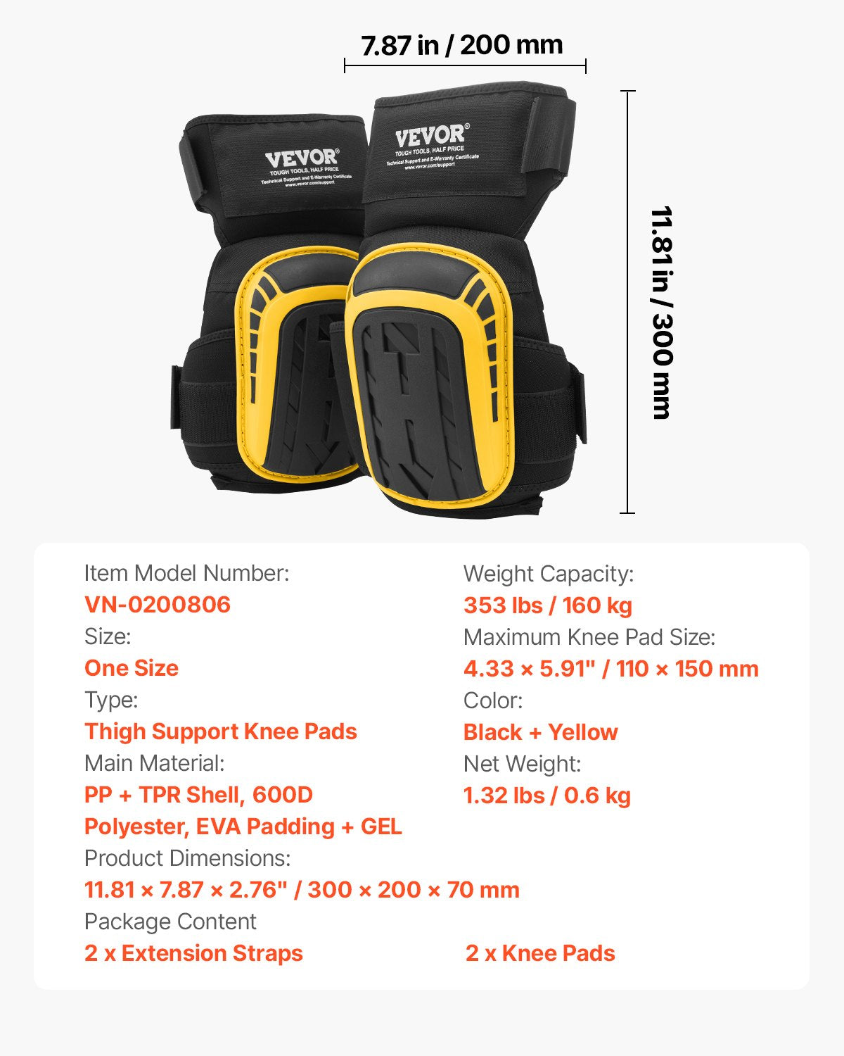 VEVOR Knee Pads for Work, Extended Heavy Duty Construction Knee Pads with 2 Extension Straps, Anti-slip Foam Gel Knee Pads, Men & Women, for Gardening Flooring Roofing and Cleaning, Yellow and Black - DBHXHSHSJZKHK0CFFV0 - view 8