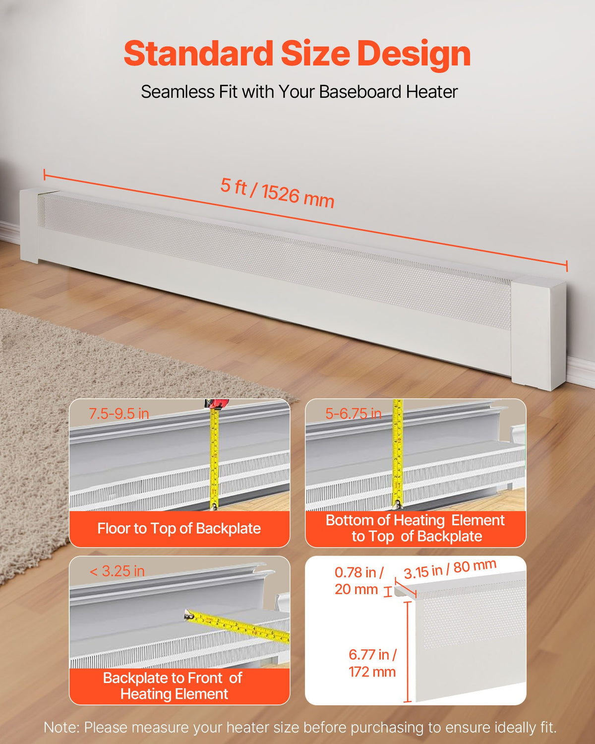 VEVOR Baseboard Heater Covers, Basic Series 5 ft Standard Electric Heating Unit Front Cover for Home Improvement, Heavy-duty Steel, Easy Installation for Bedroom Replacing Old Cover, White - DBJRQGTHJBAS5QVLW001V0 - view 3