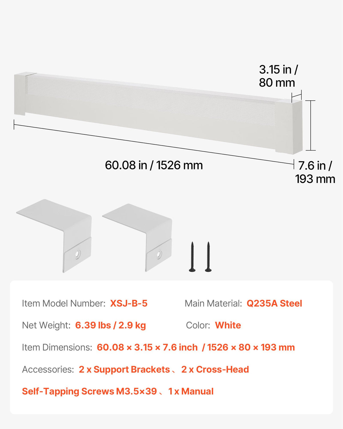 VEVOR Baseboard Heater Covers, Basic Series 5 ft Standard Electric Heating Unit Front Cover for Home Improvement, Heavy-duty Steel, Easy Installation for Bedroom Replacing Old Cover, White - DBJRQGTHJBAS5QVLW001V0 - view 8
