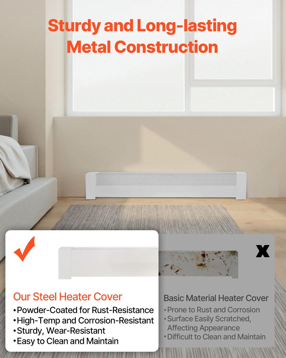 VEVOR Baseboard Heater Covers, Basic Series 4 ft Standard Electric Heating Unit Front Cover for Home Improvement, Heavy-duty Steel, Easy Installation for Bedroom Replacing Old Cover, White - DBJRQGTHJBAS9ZWO4001V0 - view 4