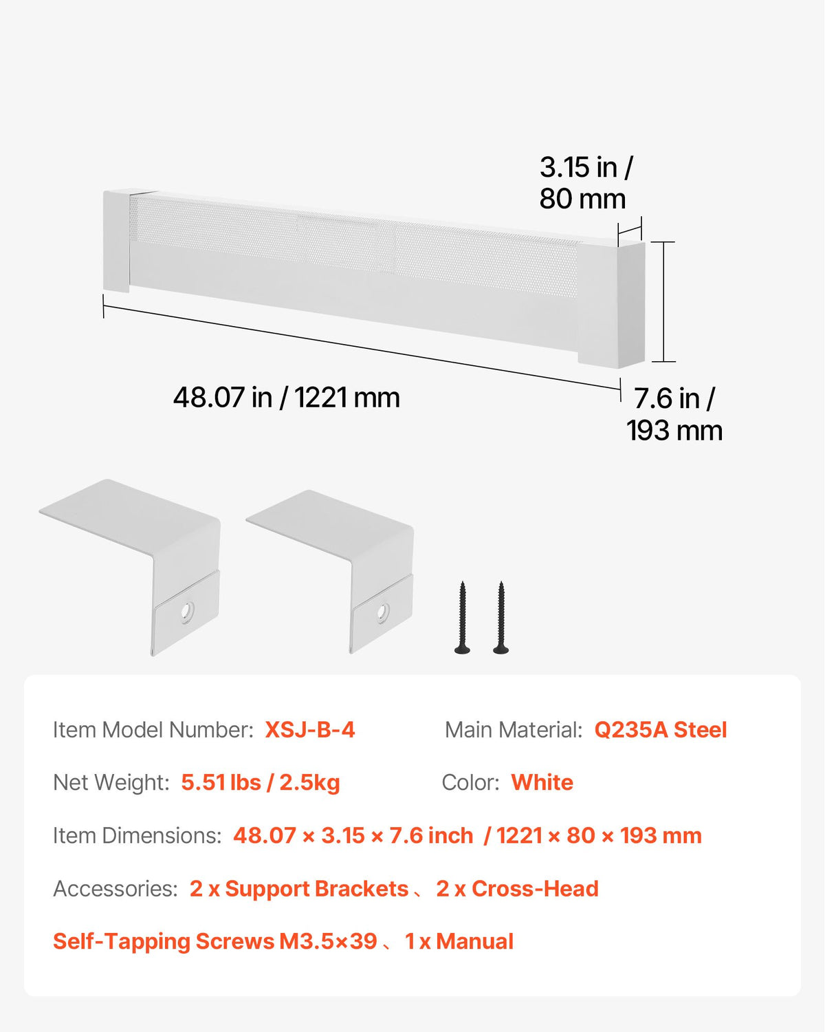 VEVOR Baseboard Heater Covers, Basic Series 4 ft Standard Electric Heating Unit Front Cover for Home Improvement, Heavy-duty Steel, Easy Installation for Bedroom Replacing Old Cover, White - DBJRQGTHJBAS9ZWO4001V0 - view 8
