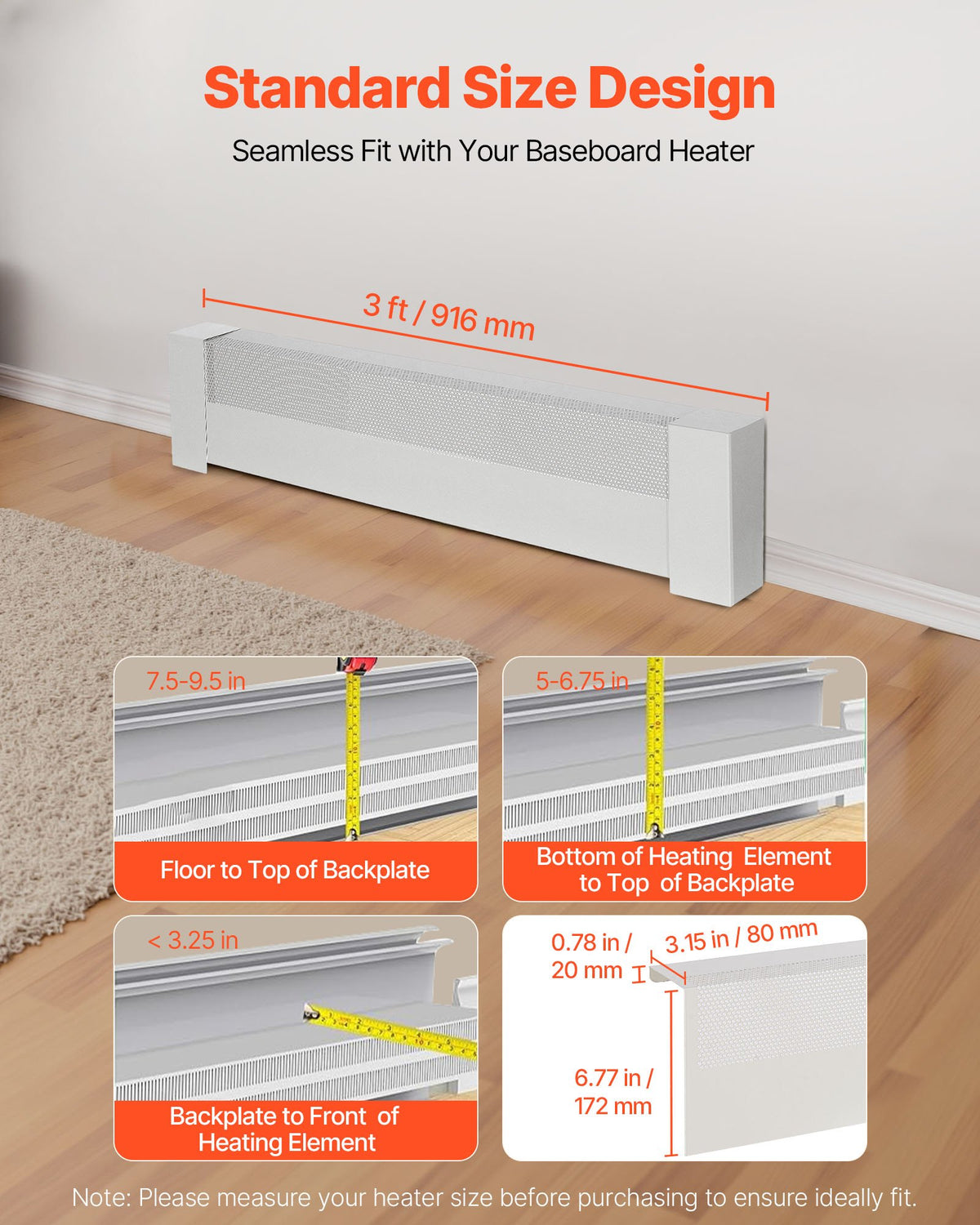 VEVOR Baseboard Heater Covers, Basic Series 3 ft Standard Electric Heating Unit Front Cover for Home Improvement, Heavy-duty Steel, Easy Installation for Bedroom Replacing Old Cover, White - DBJRQGTHJBASCF4NR001V0 - view 3