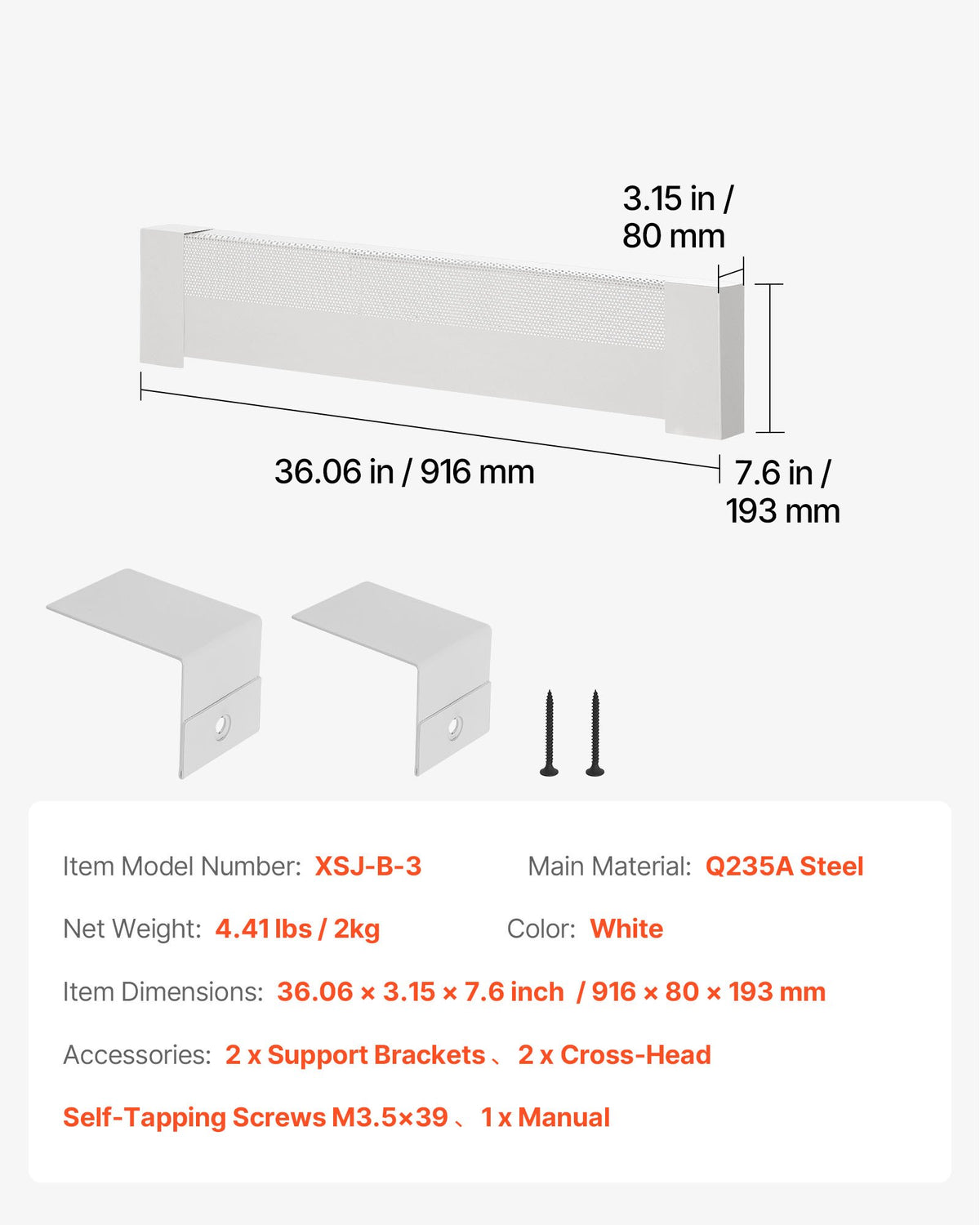VEVOR Baseboard Heater Covers, Basic Series 3 ft Standard Electric Heating Unit Front Cover for Home Improvement, Heavy-duty Steel, Easy Installation for Bedroom Replacing Old Cover, White - DBJRQGTHJBASCF4NR001V0 - view 8