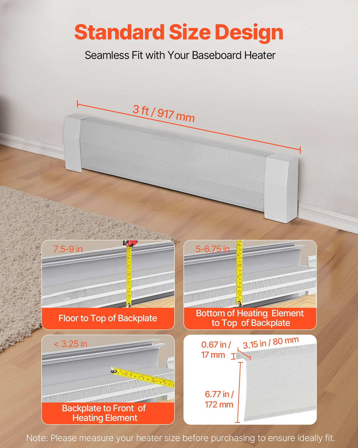 VEVOR Baseboard Heater Covers, Premium Series 3 ft Standard Electric Heating Unit Front Cover for Home Improvement, Heavy-duty Steel, Easy Installation for Bedroom Replacing Old Cover, White - DBJRQGTHJPREZ3PSI001V0 - view 3
