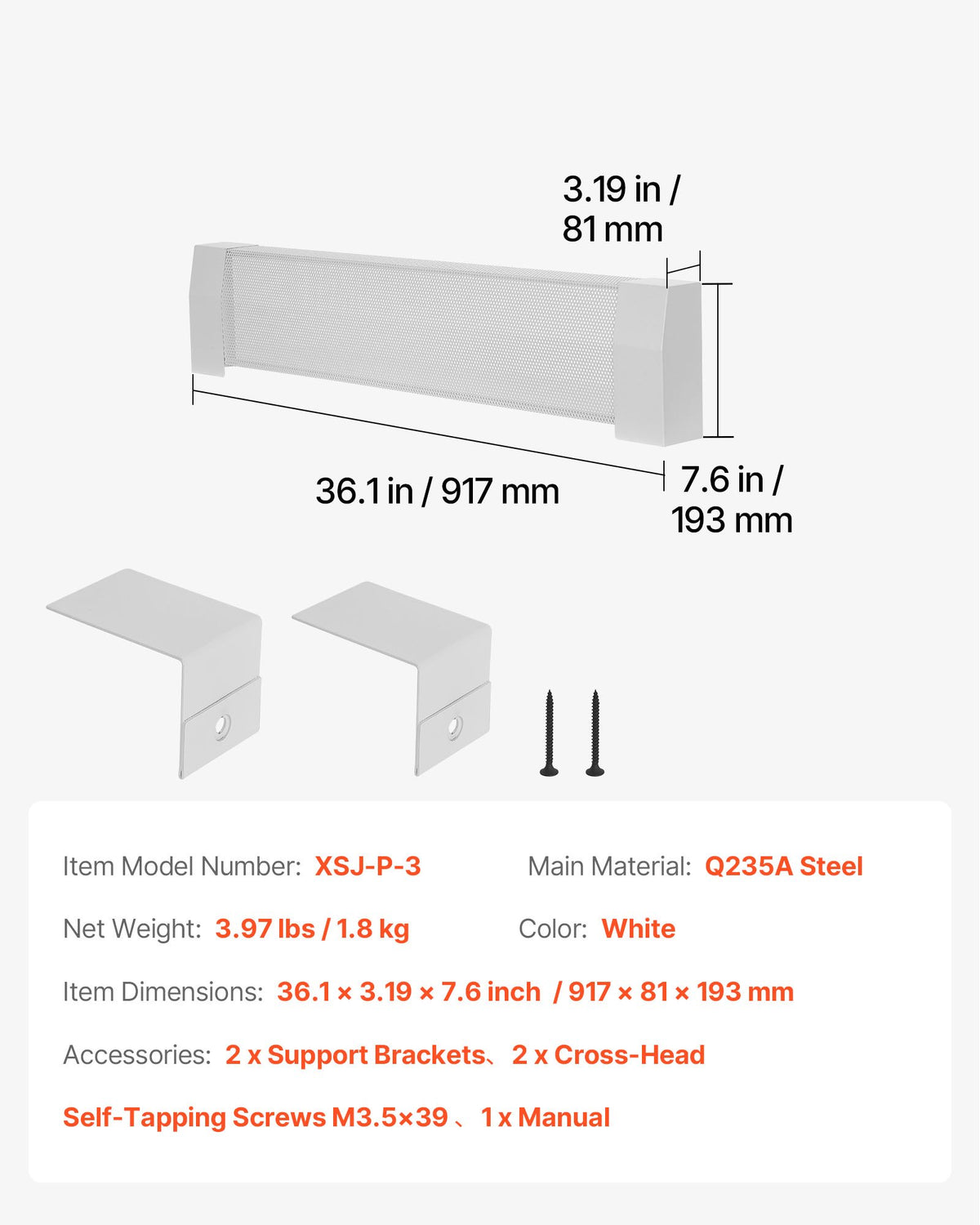 VEVOR Baseboard Heater Covers, Premium Series 3 ft Standard Electric Heating Unit Front Cover for Home Improvement, Heavy-duty Steel, Easy Installation for Bedroom Replacing Old Cover, White - DBJRQGTHJPREZ3PSI001V0 - view 8