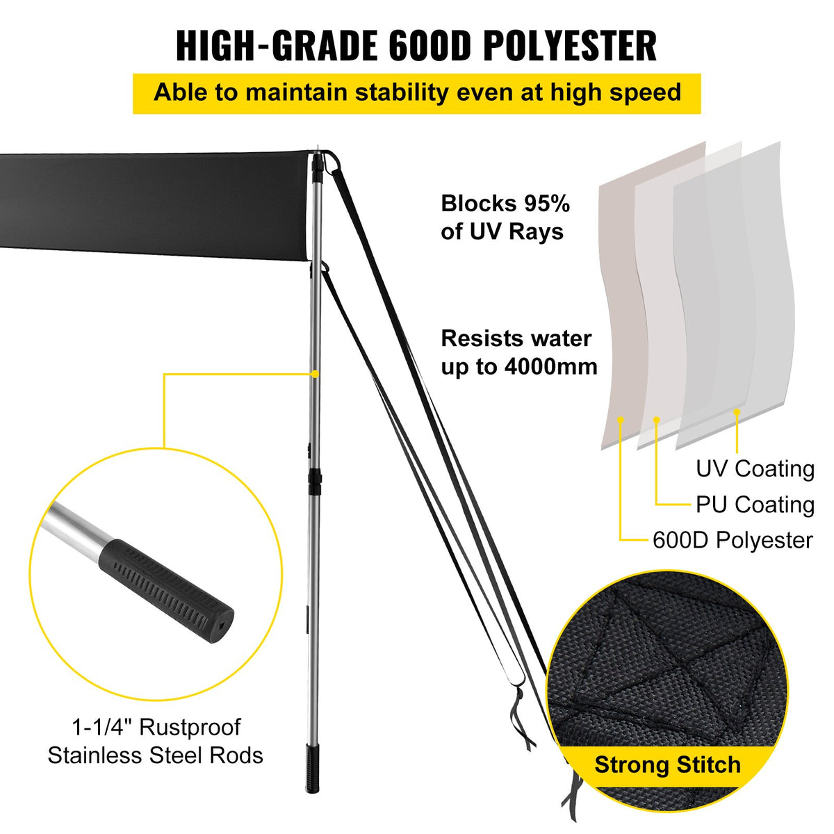 VEVOR T-Top Sun Shade Kit 4\' x 5\', UV-Proof 600D Polyester T-top Extension Kit with Rustproof Steel Telescopic Poles, Waterproof T-Top Shade Kit, Easy to Assemble for T-Tops ＆ - DBKZZYTJYCB457H64V0 - view 3