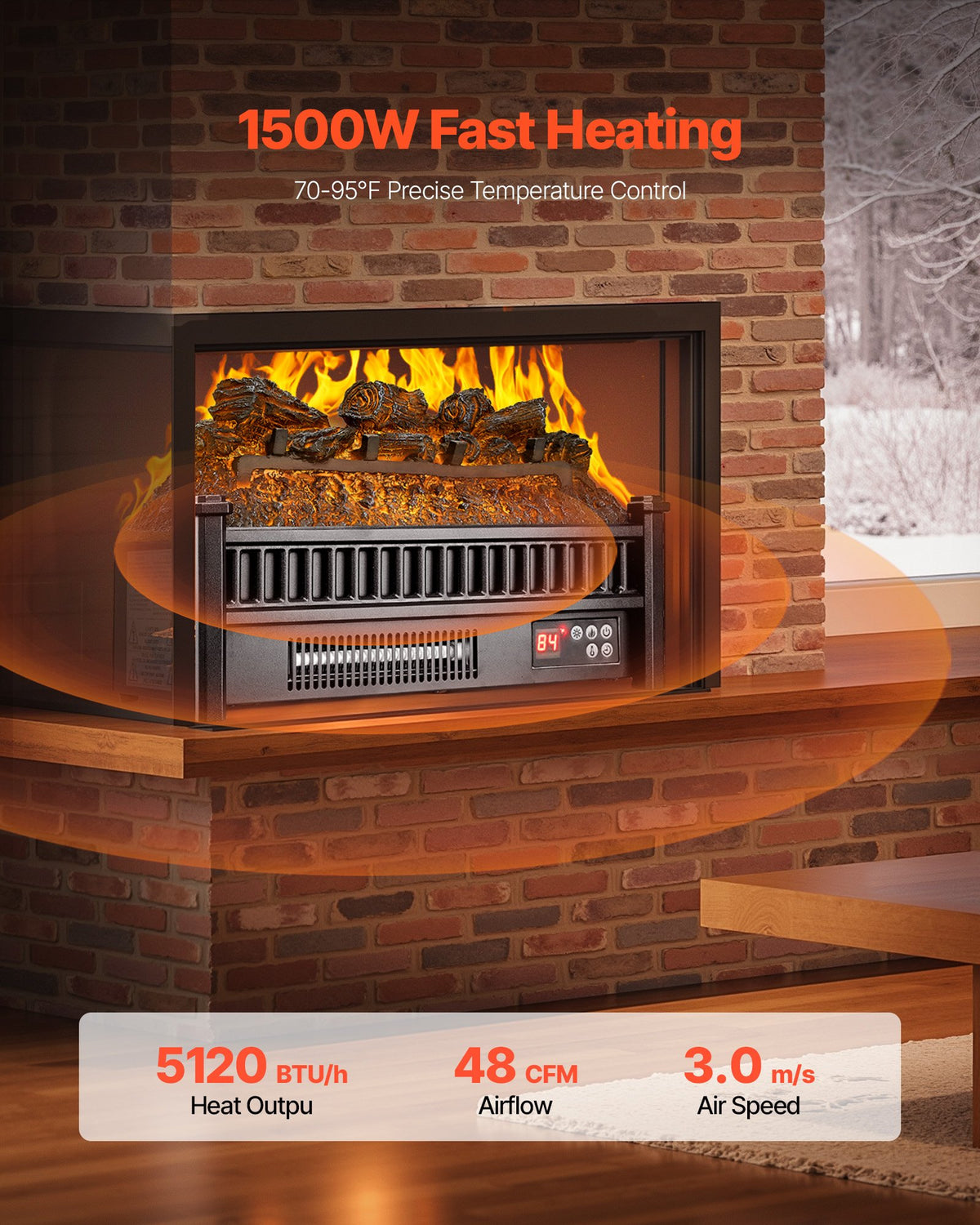VEVOR Electric Fireplace Log, 20 inch Fireplace Insert Log Heater, with Remote Controller, 5 Adjustable Flame Brightness, 24H Timer, Overheat Protection, Thermostat, for Home and Office Decor Black - DBLYM20YC150OBWQK001V1 - view 3