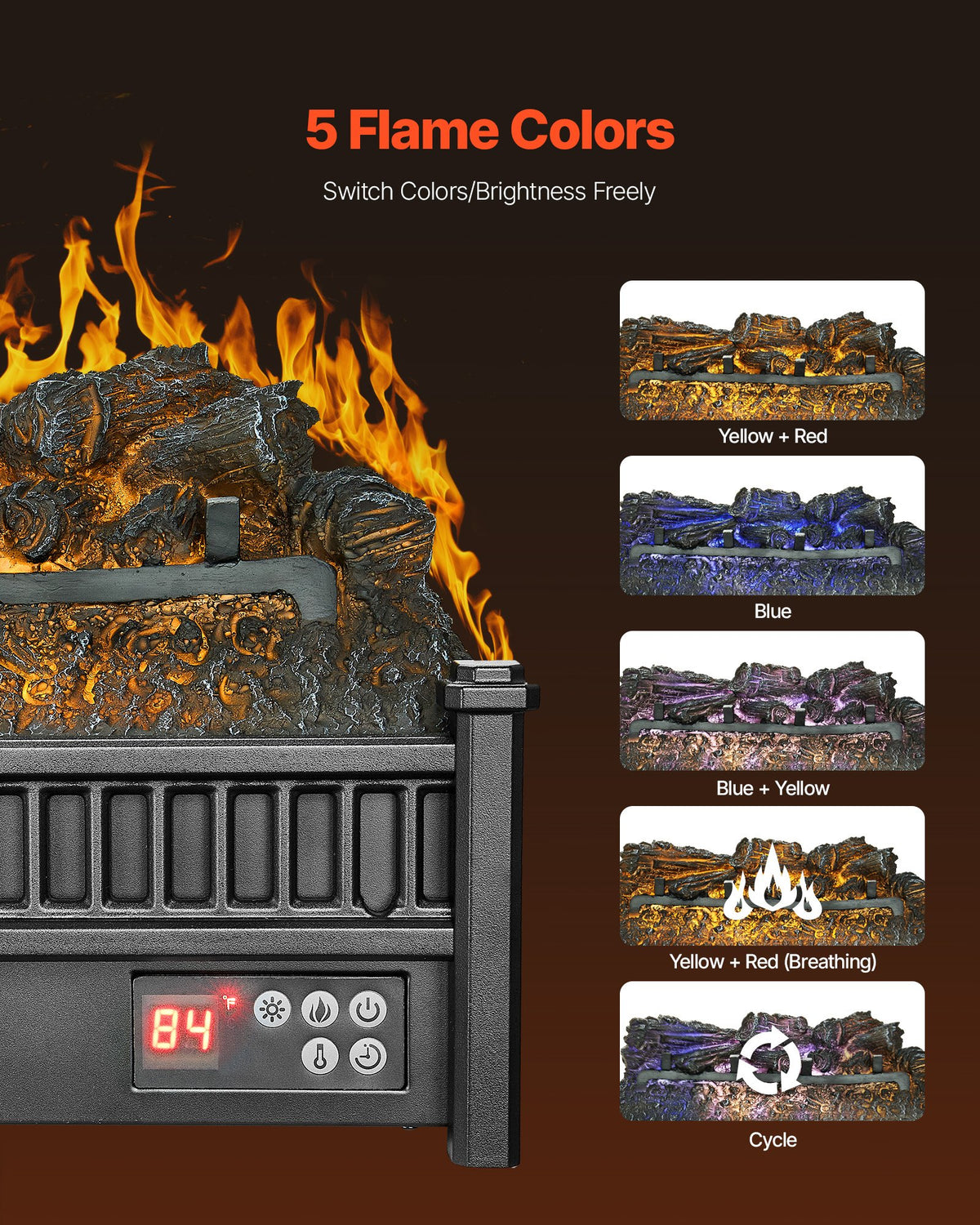 VEVOR Electric Fireplace Log, 20 inch Fireplace Insert Log Heater, with Remote Controller, 5 Adjustable Flame Brightness, 24H Timer, Overheat Protection, Thermostat, for Home and Office Decor Black - DBLYM20YC150OBWQK001V1 - view 4