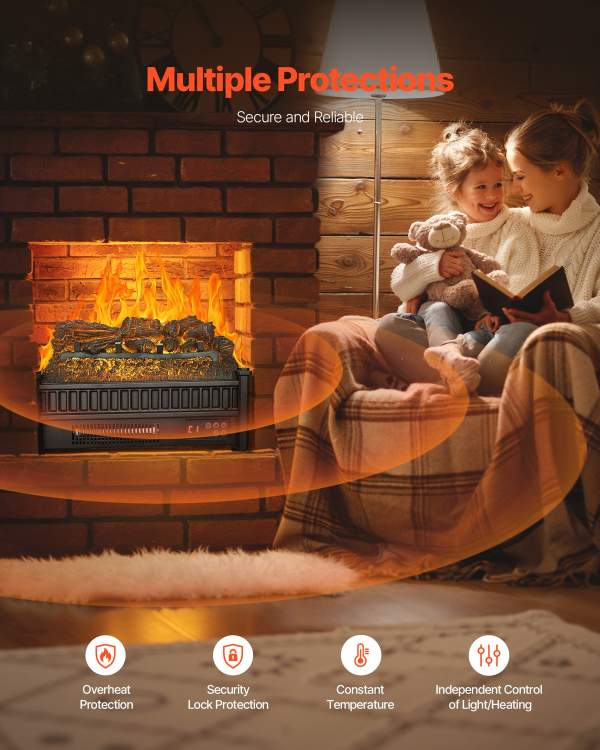 VEVOR Electric Fireplace Log, 20 inch Fireplace Insert Log Heater, with Remote Controller, 5 Adjustable Flame Brightness, 24H Timer, Overheat Protection, Thermostat, for Home and Office Decor Black - DBLYM20YC150OBWQK001V1 - view 5