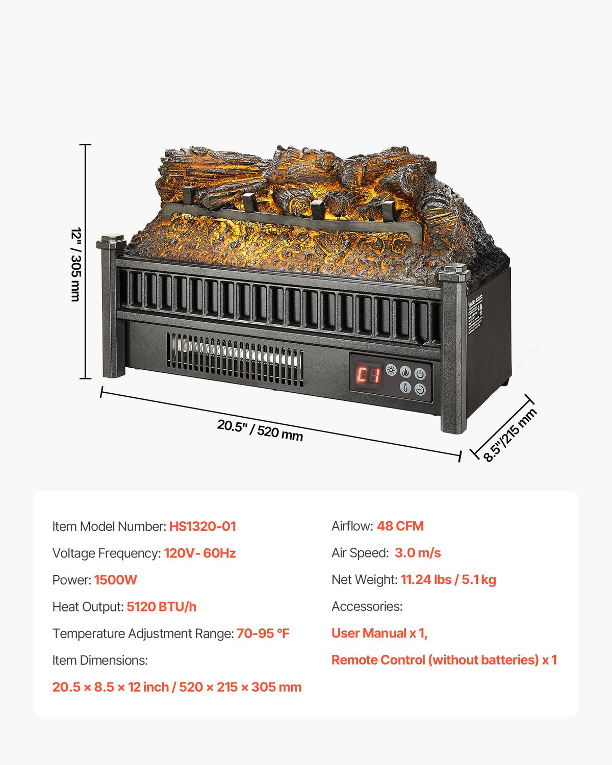 VEVOR Electric Fireplace Log, 20 inch Fireplace Insert Log Heater, with Remote Controller, 5 Adjustable Flame Brightness, 24H Timer, Overheat Protection, Thermostat, for Home and Office Decor Black - DBLYM20YC150OBWQK001V1 - view 8