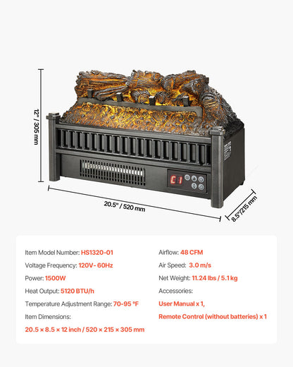 VEVOR Electric Fireplace Log, 20 inch Fireplace Insert Log Heater, with Remote Controller, 5 Adjustable Flame Brightness, 24H Timer, Overheat Protection, Thermostat, for Home and Office Decor Black - DBLYM20YC150OBWQK001V1 - view 8