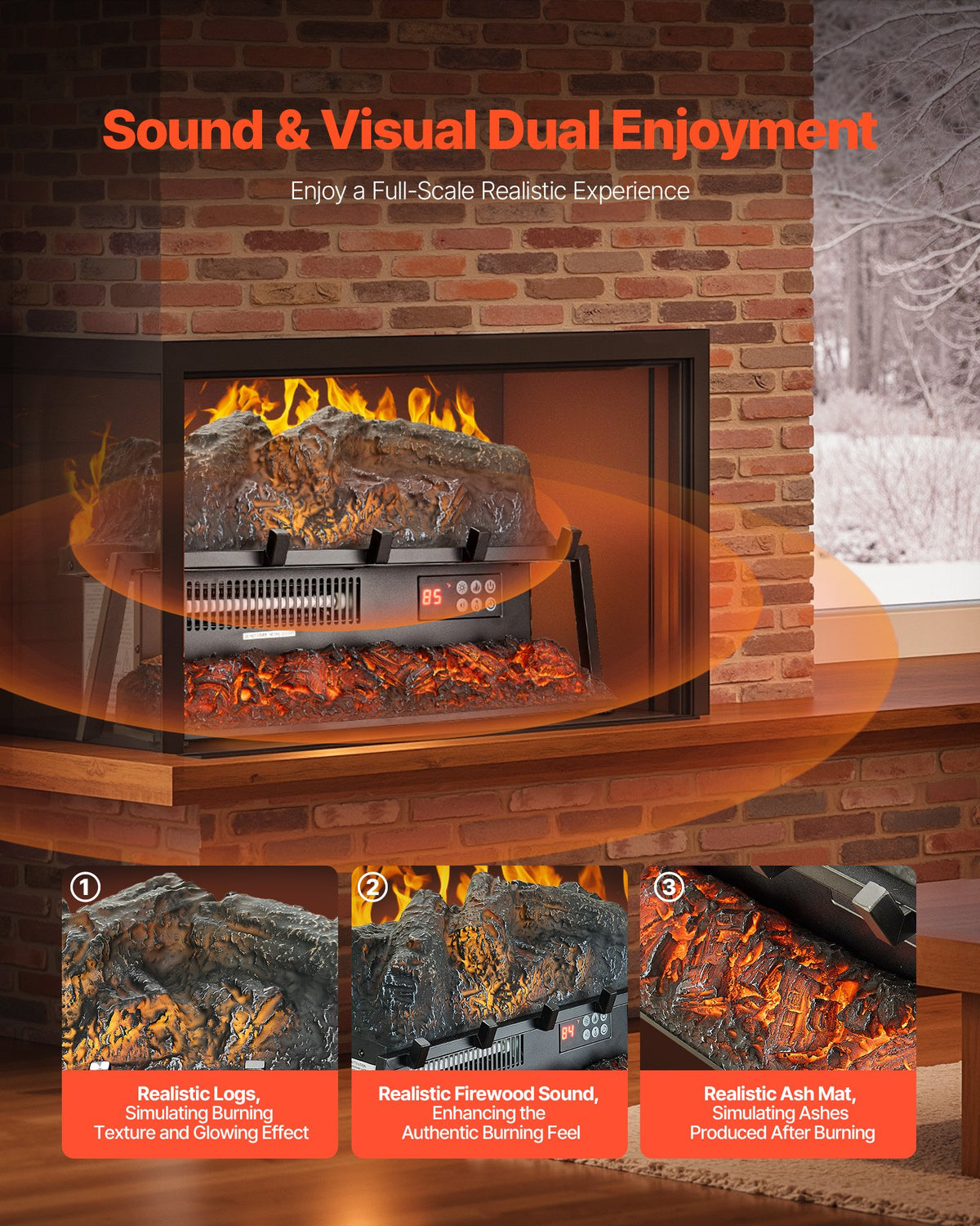 VEVOR Electric Fireplace Log, 23 inch Fireplace Insert Log Heater, with Crackling Sound,Remote Controller, 5 Adjustable Flame Brightness, Timer, Overheat Protection, Thermostat, for Home Decor Black - DBLYM23YC1506KI24001V1 - view 3