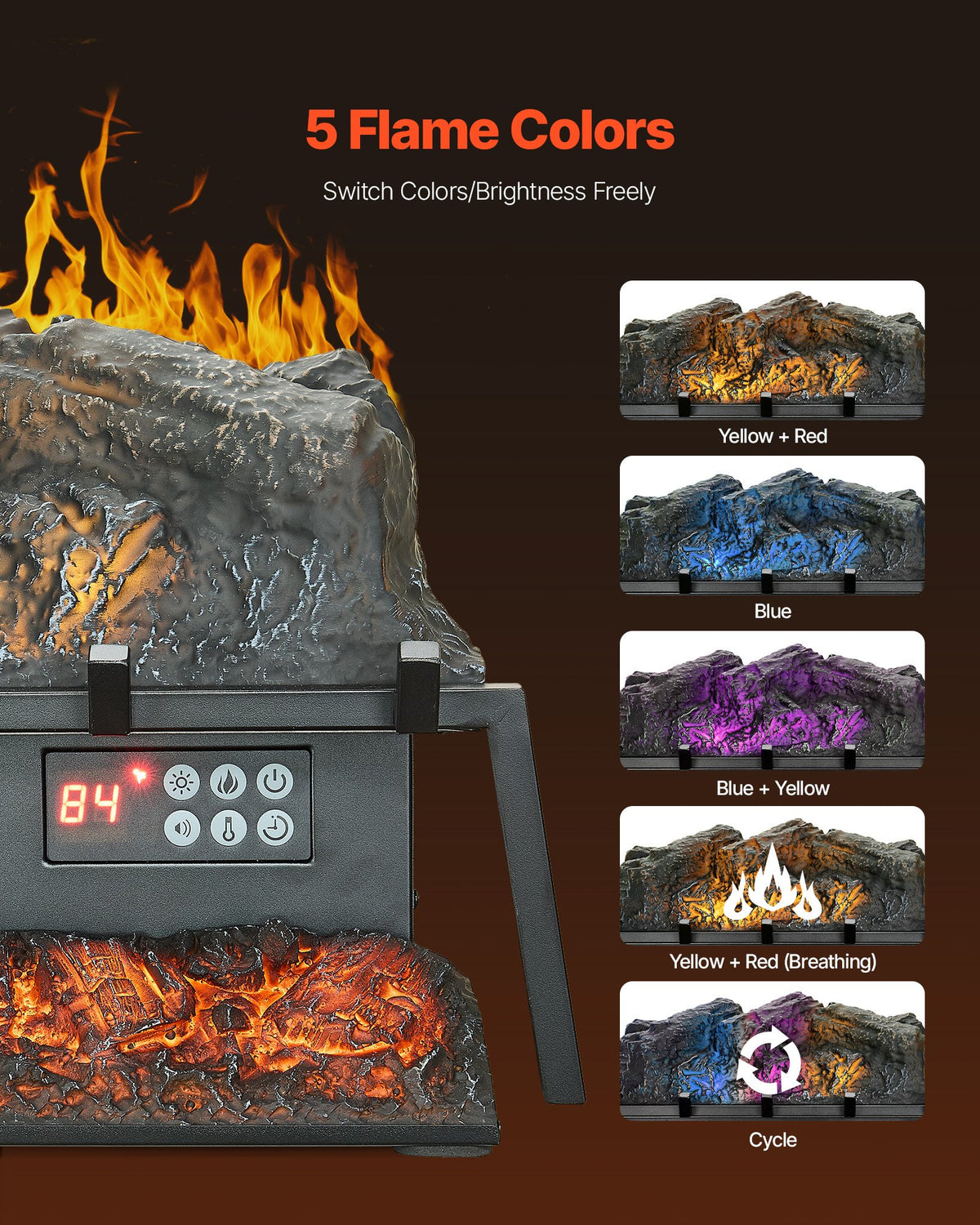 VEVOR Electric Fireplace Log, 23 inch Fireplace Insert Log Heater, with Crackling Sound,Remote Controller, 5 Adjustable Flame Brightness, Timer, Overheat Protection, Thermostat, for Home Decor Black - DBLYM23YC1506KI24001V1 - view 4