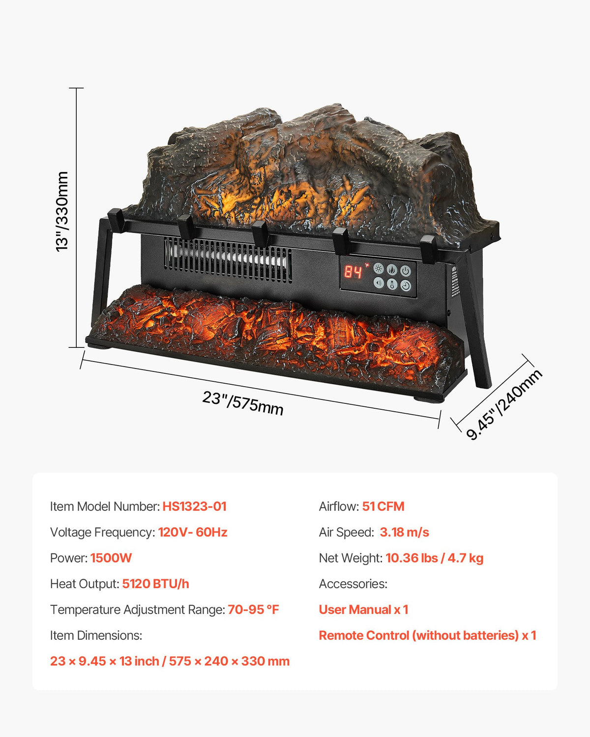 VEVOR Electric Fireplace Log, 23 inch Fireplace Insert Log Heater, with Crackling Sound,Remote Controller, 5 Adjustable Flame Brightness, Timer, Overheat Protection, Thermostat, for Home Decor Black - DBLYM23YC1506KI24001V1 - view 8