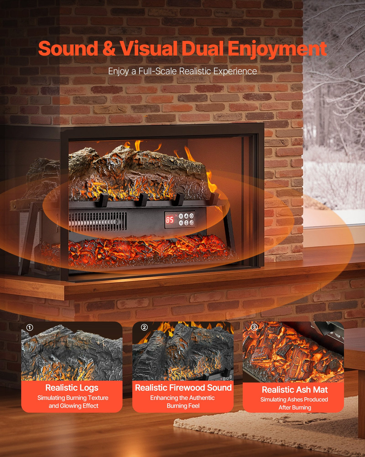 VEVOR Electric Fireplace Log, 25 inch Fireplace Insert Log Heater, with Crackling Sound,Remote Controller, 5 Adjustable Flame Brightness, Timer, Overheat Protection, Thermostat, for Home Decor Black - DBLYM25YC150I3MWF001V1 - view 3