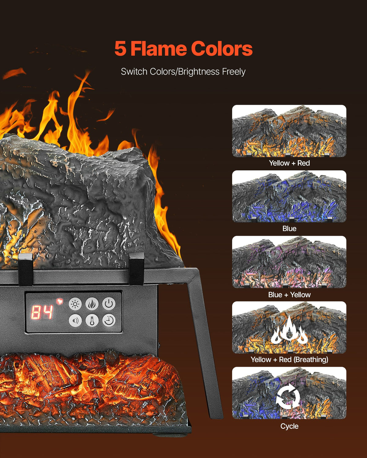 VEVOR Electric Fireplace Log, 25 inch Fireplace Insert Log Heater, with Crackling Sound,Remote Controller, 5 Adjustable Flame Brightness, Timer, Overheat Protection, Thermostat, for Home Decor Black - DBLYM25YC150I3MWF001V1 - view 4