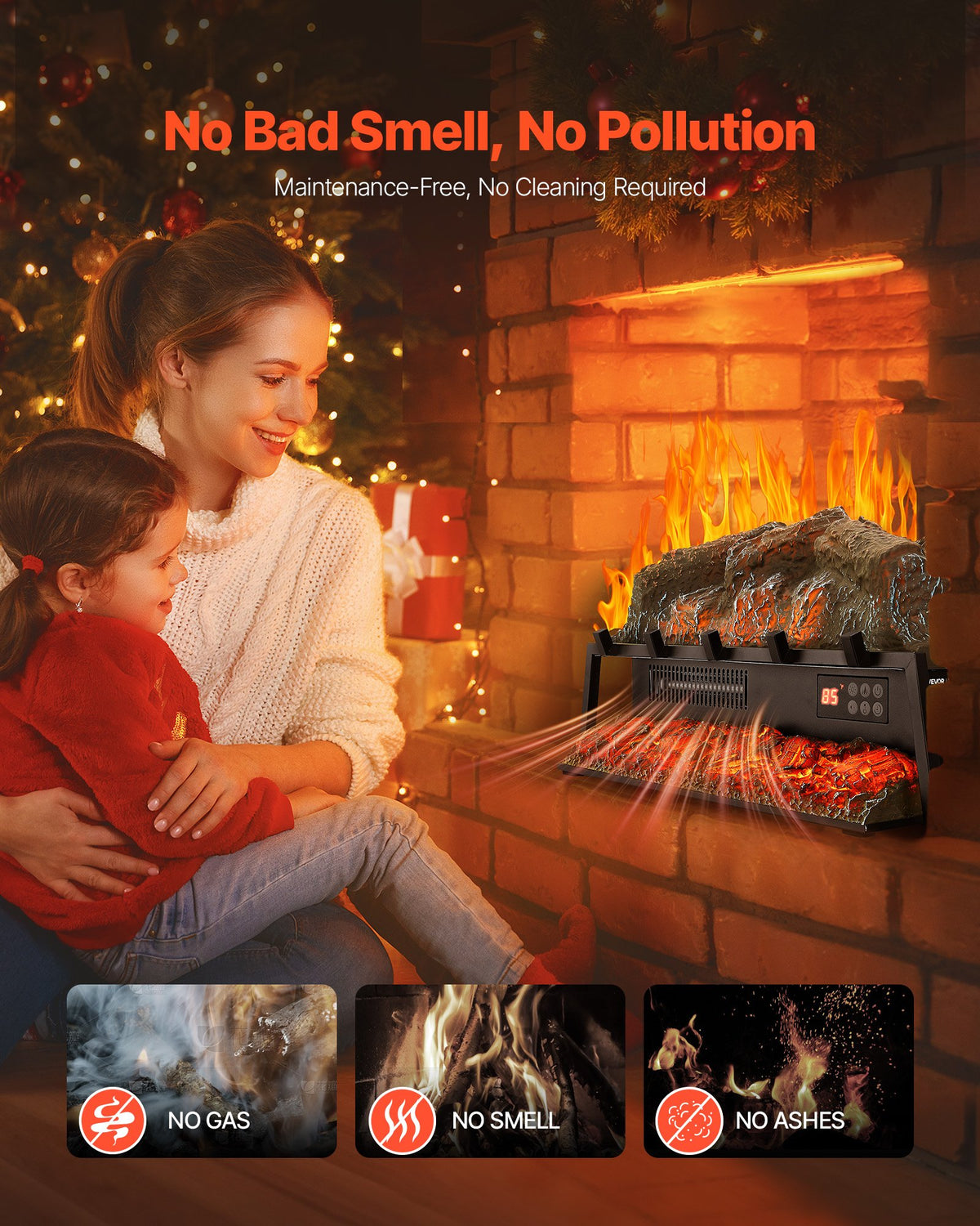 VEVOR Electric Fireplace Log, 25 inch Fireplace Insert Log Heater, with Crackling Sound,Remote Controller, 5 Adjustable Flame Brightness, Timer, Overheat Protection, Thermostat, for Home Decor Black - DBLYM25YC150I3MWF001V1 - view 7
