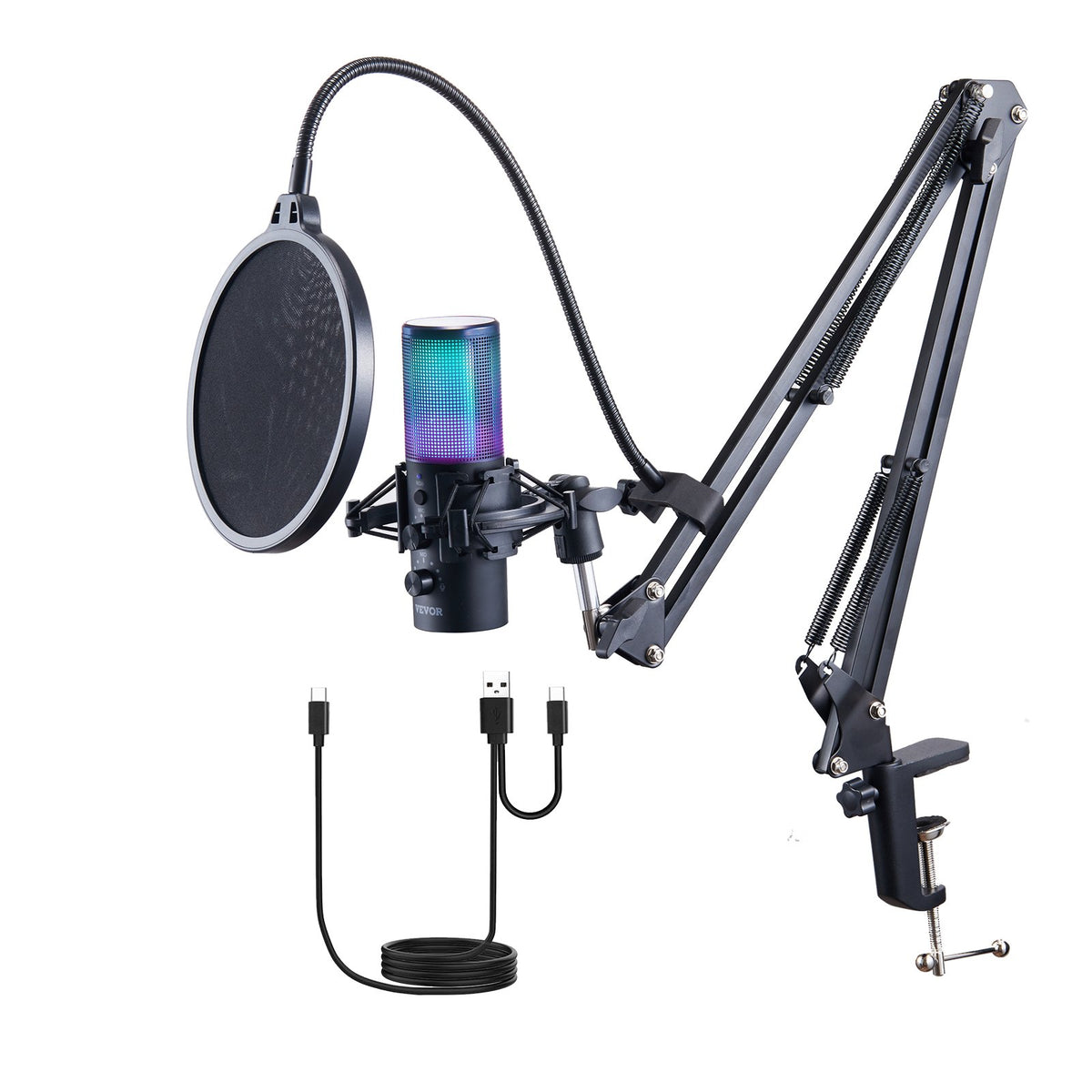 VEVOR USB Microphone, 192 kHz/24-bit, Professional Condenser Microphone Kit with Boom Arm Stand Pop Filter Shock Mount, 11 RGB Lighting Effects Mute Button Headphones Jack for Recording Gaming Singing - DBMKFDRMKFDS8O2KQV9 - view 1