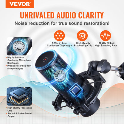 VEVOR USB Microphone, 192 kHz/24-bit, Professional Condenser Microphone Kit with Boom Arm Stand Pop Filter Shock Mount, 11 RGB Lighting Effects Mute Button Headphones Jack for Recording Gaming Singing - DBMKFDRMKFDS8O2KQV9 - view 3