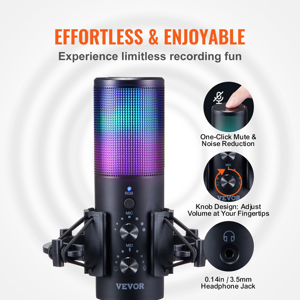 VEVOR USB Microphone, 192 kHz/24-bit, Professional Condenser Microphone Kit with Boom Arm Stand Pop Filter Shock Mount, 11 RGB Lighting Effects Mute Button Headphones Jack for Recording Gaming Singing - DBMKFDRMKFDS8O2KQV9 - view 5
