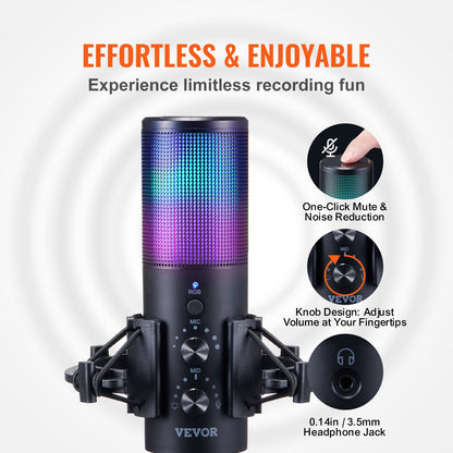 VEVOR USB Microphone, 192 kHz/24-bit, Professional Condenser Microphone Kit with Boom Arm Stand Pop Filter Shock Mount, 11 RGB Lighting Effects Mute Button Headphones Jack for Recording Gaming Singing - DBMKFDRMKFDS8O2KQV9 - view 5