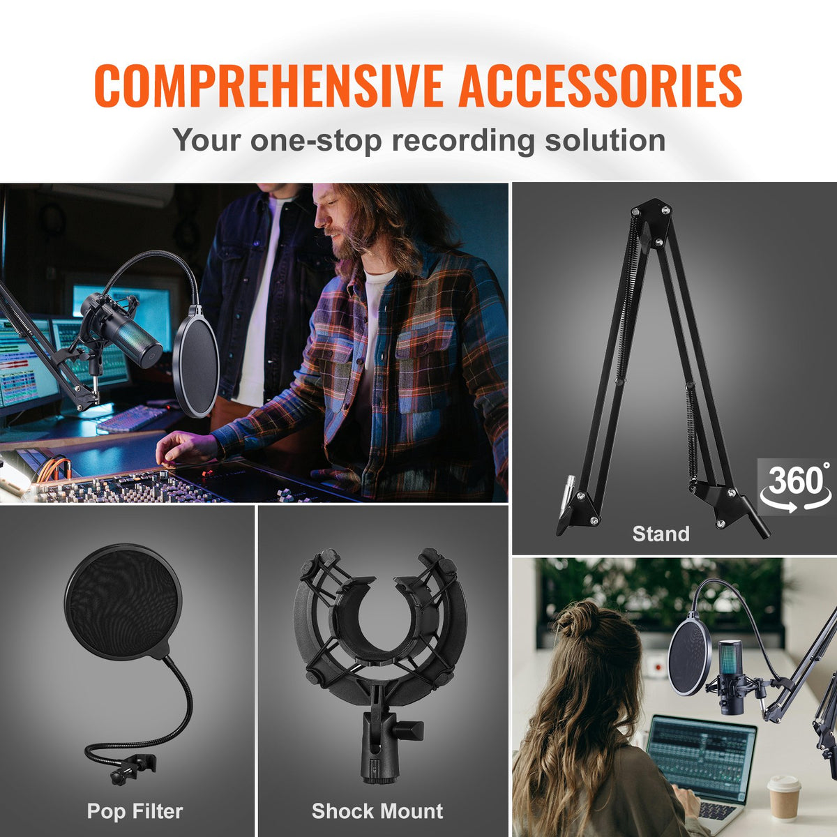 VEVOR USB Microphone, 192 kHz/24-bit, Professional Condenser Microphone Kit with Boom Arm Stand Pop Filter Shock Mount, 11 RGB Lighting Effects Mute Button Headphones Jack for Recording Gaming Singing - DBMKFDRMKFDS8O2KQV9 - view 7