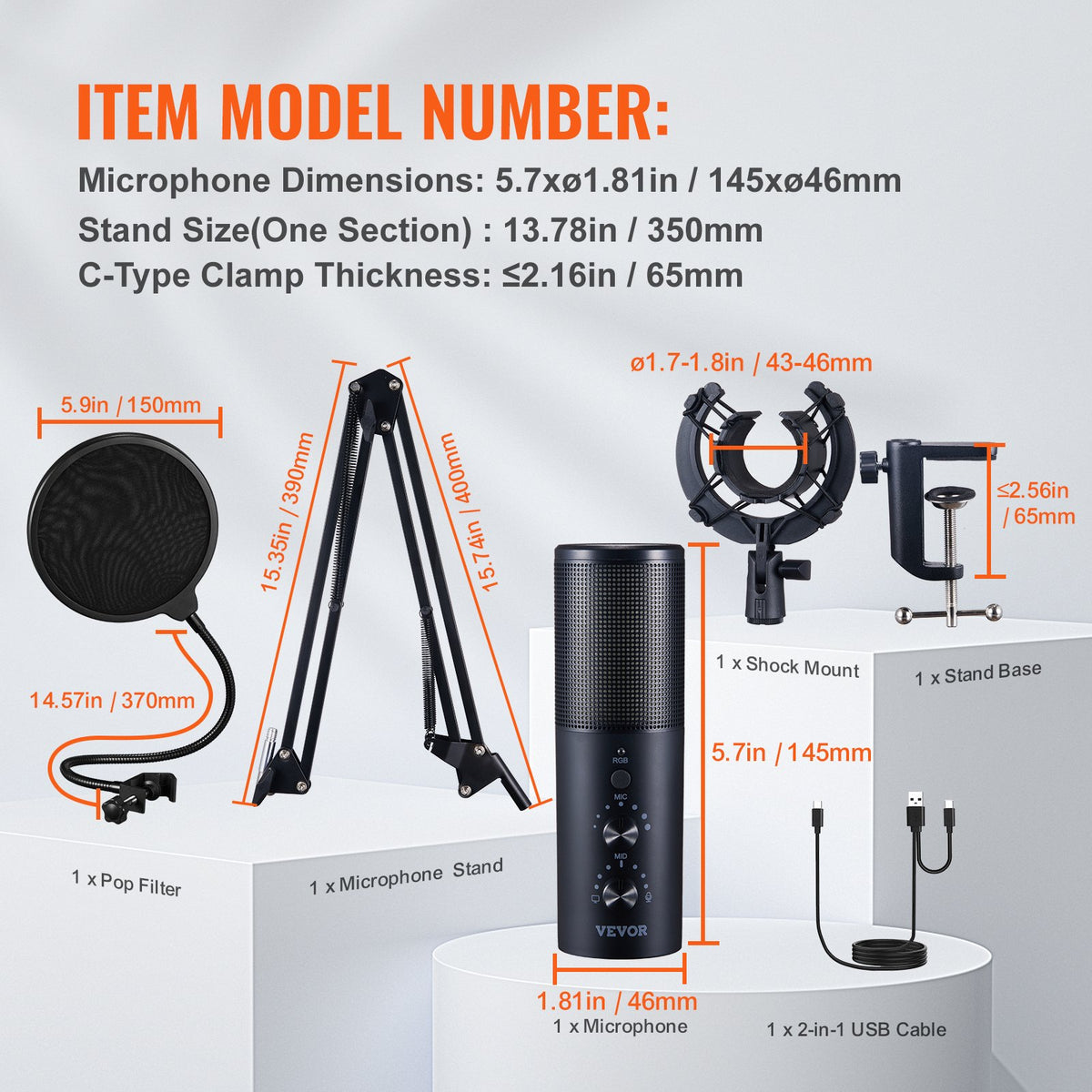 VEVOR USB Microphone, 192 kHz/24-bit, Professional Condenser Microphone Kit with Boom Arm Stand Pop Filter Shock Mount, 11 RGB Lighting Effects Mute Button Headphones Jack for Recording Gaming Singing - DBMKFDRMKFDS8O2KQV9 - view 8