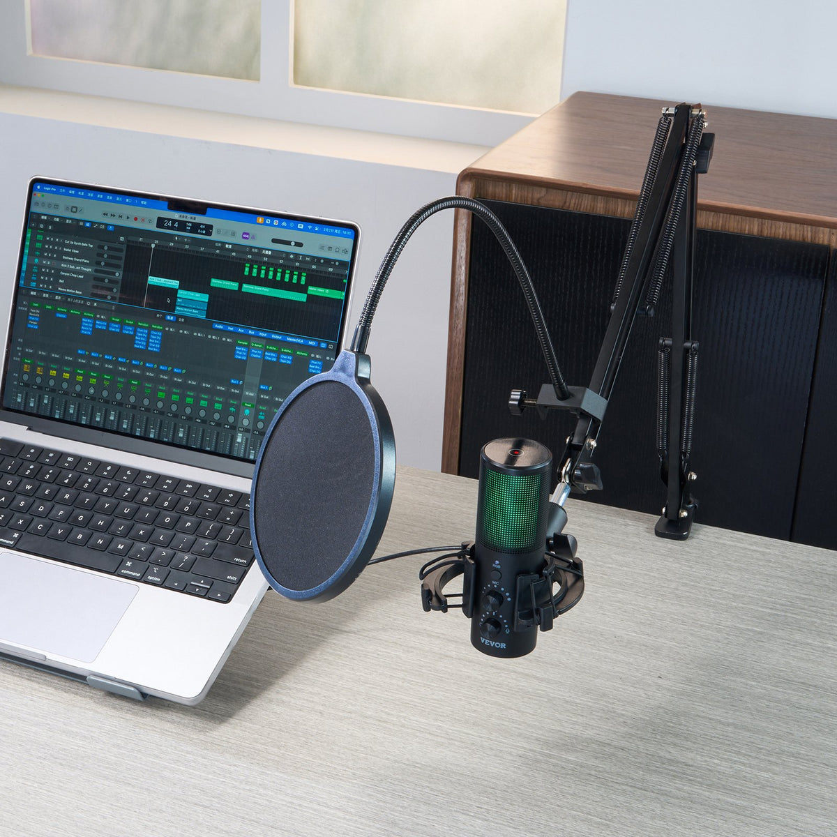 VEVOR USB Microphone, 192 kHz/24-bit, Professional Condenser Microphone Kit with Boom Arm Stand Pop Filter Shock Mount, 11 RGB Lighting Effects Mute Button Headphones Jack for Recording Gaming Singing - DBMKFDRMKFDS8O2KQV9 - view 9