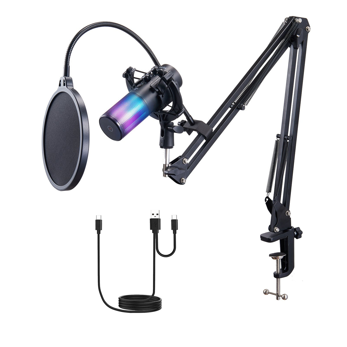 VEVOR USB Microphone, 192 kHz/24-bit, Professional Condenser Microphone Kit with Boom Arm Stand Pop Filter Shock Mount, 11 RGB Lighting Effects Mute Button Headphones Jack for Recording Gaming Singing - DBMKFDRMKFDS8O2KQV9 - view 10