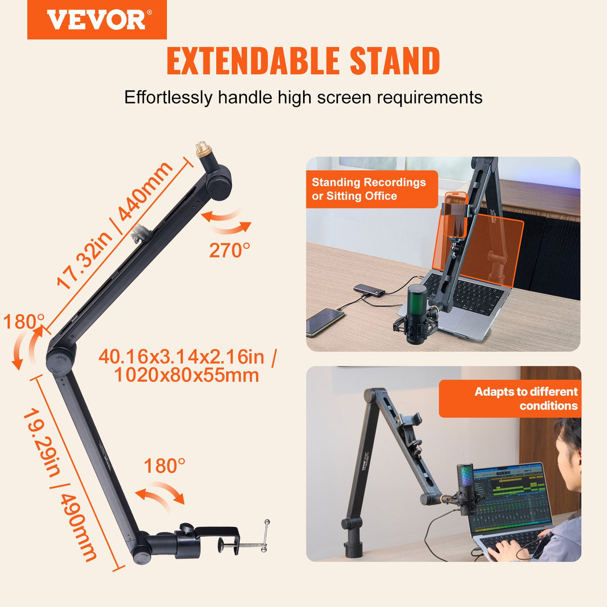 VEVOR Microphone Boom Arm with Desk Mount, 360° Rotatable, Adjustable Mic Stand with 3/8" to 5/8" Adapter Port, for Recording Blue Yeti Hyperx Quadcast Blue Snowball Shure SM7B Audio Technica - DBMKFZJ2KGBDTOC7DV0 - view 3
