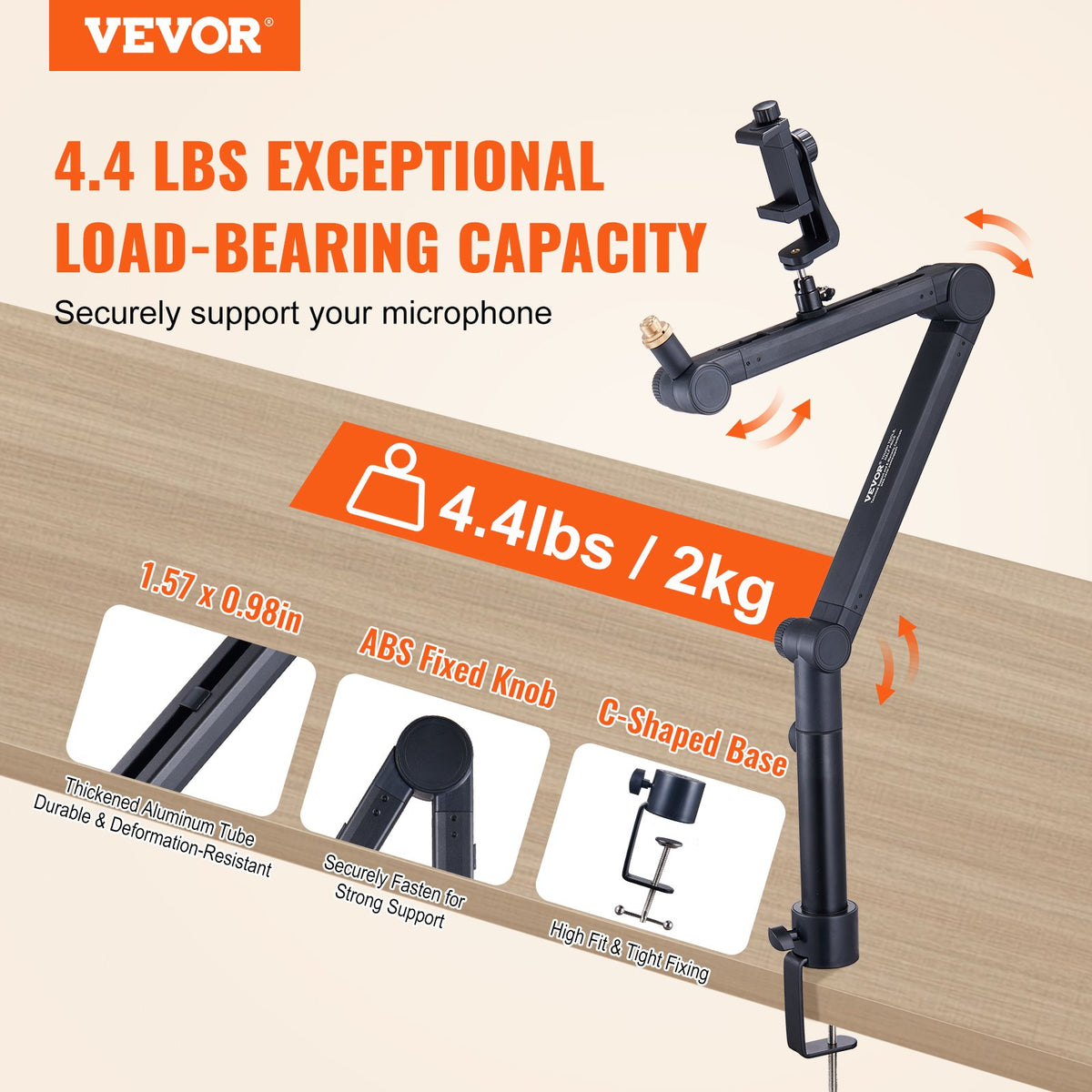 VEVOR Desk-Mounted Microphone Arm, Flexible 360° Rotation, Adjustable Stand with Universal 3/8" to 5/8" Adapter and Headphone Holder, Compatible with Blue Yeti, Hyperx Quadcast, and More - DBMKFZJ2KGDEBLZUAV0 - view 3
