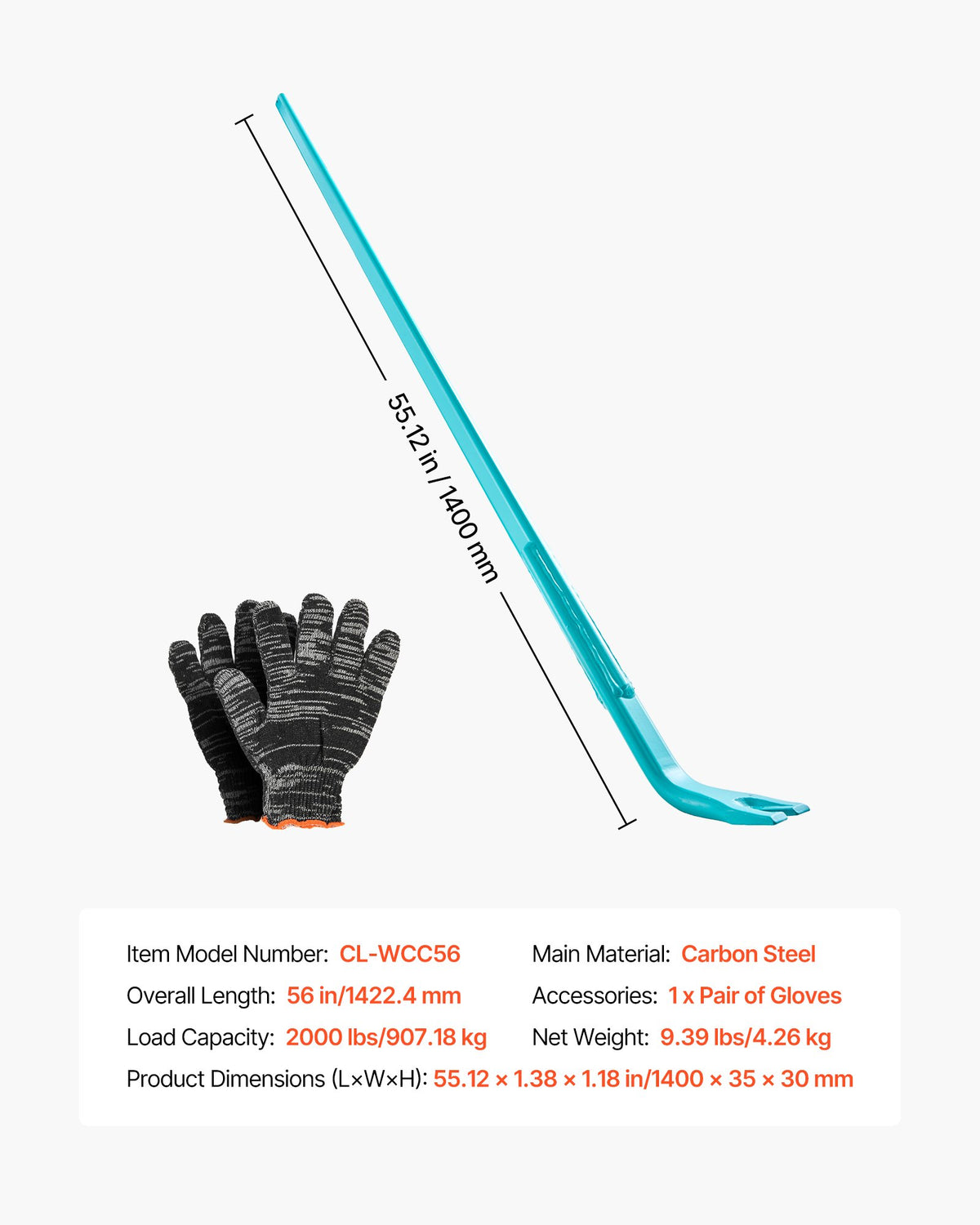 VEVOR Prylever Bar, 2000 lbs Weight Capacity, 52.5 Inch Heavy Duty Carbon Steel Handle Pry Lever Bar, 56 Inch Long Crowbar for Concrete, Demolition, Crowbaring, Ideal for Construction & Industrial Use - DBQGWCC56INCC9KHQ001V0 - view 8