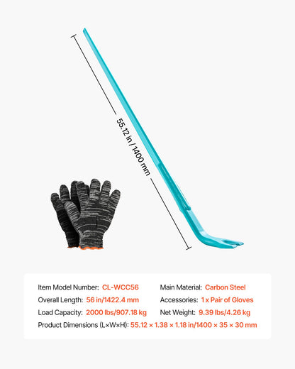 VEVOR Prylever Bar, 2000 lbs Weight Capacity, 52.5 Inch Heavy Duty Carbon Steel Handle Pry Lever Bar, 56 Inch Long Crowbar for Concrete, Demolition, Crowbaring, Ideal for Construction & Industrial Use - DBQGWCC56INCC9KHQ001V0 - view 8