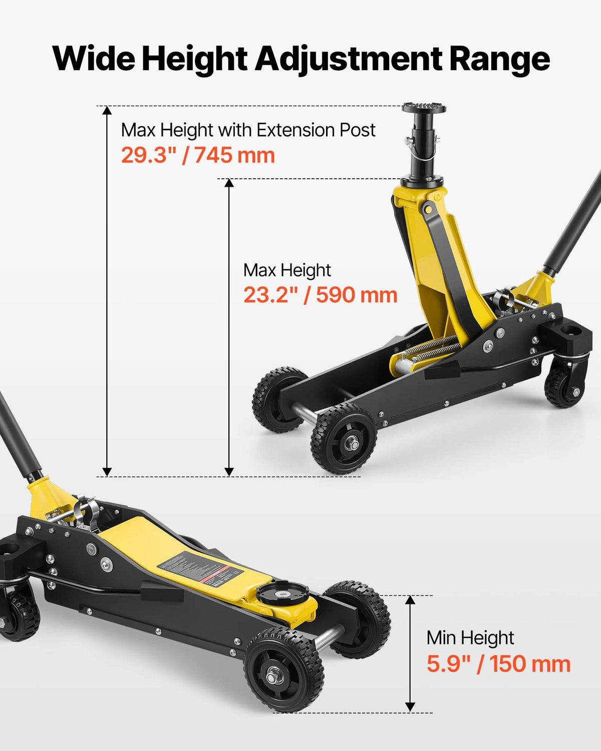 VEVOR Floor Jack, 3 Ton (6614 lbs) Capacity, Aluminum & Steel Racing Floor Jack with Dual Pistons Quick Lift Pump & Extension Post, Hydraulic Trolley Car Lift for SUV Pickup, Lifting Range 5.9"-29.3" - DBQJDLT3TSGBVH6KL001V0 - view 4