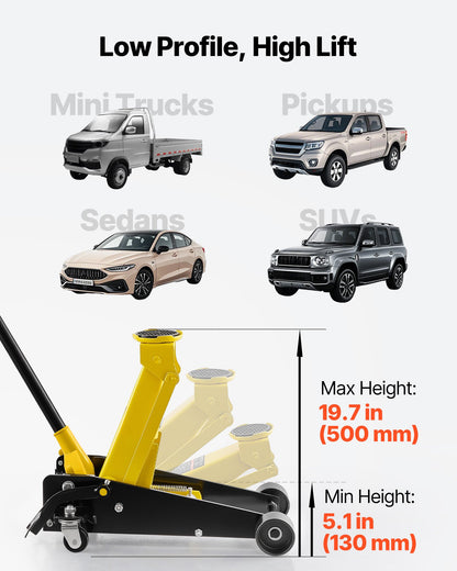 VEVOR Low Profile Floor Jack, 3 Ton (6614 lbs) Capacity, Steel Racing Floor Jack with Single Piston Quick Lift Pump & Foot Pedal, Hydraulic Trolley Car Lift for SUVs, Pickups, Lifting Range 5.1"-19.7" - DBQJDTZ3TDGBURLE2001V0 - view 4