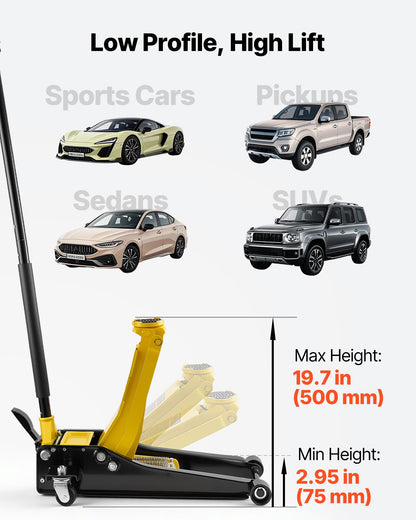 VEVOR Low Profile Floor Jack, 3 Ton (6614 lbs) Capacity, Steel Racing Floor Jack with Dual Pistons Quick Lift Pump & SUV Adapter, Hydraulic Trolley Car Lift for Sports Cars, Lifting Range 2.95"-19.7" - DBQJDTZ3TSGBPV5QX001V0 - view 4