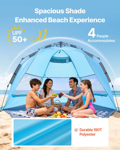 VEVOR Beach Tent Sun Shelter for 4 Person, Pop Up Beach Tent UPF 50+ Protection, Portable Sun Shade Canopy with Carrying Bag and Sand Pockets, Easy Setup Umbrella for Camping Fishing Outdoor Picnic - DBSSHTZPDBKS6YHGS001V0 - view 3