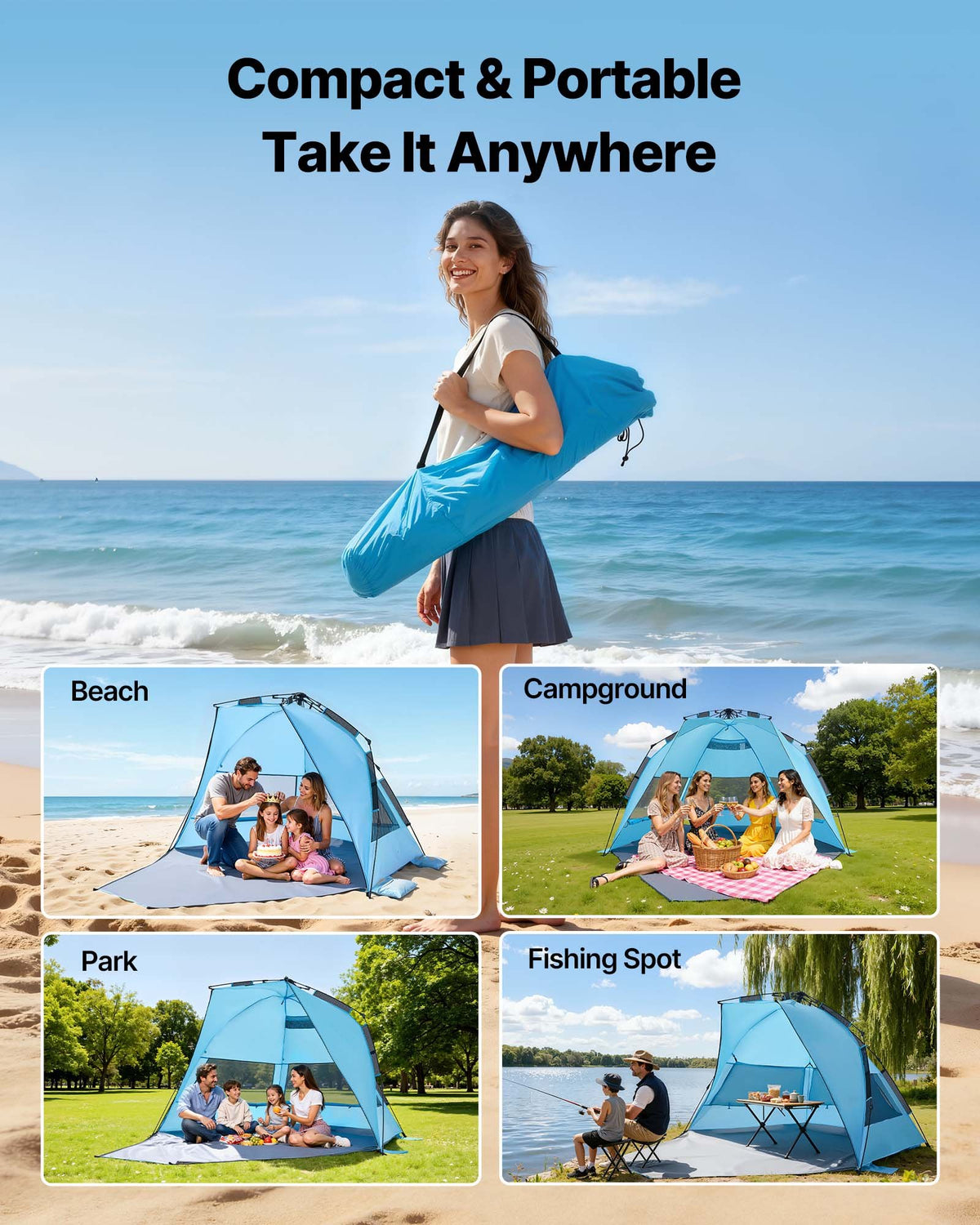 VEVOR Beach Tent Sun Shelter for 4 Person, Pop Up Beach Tent UPF 50+ Protection, Portable Sun Shade Canopy with Carrying Bag and Sand Pockets, Easy Setup Umbrella for Camping Fishing Outdoor Picnic - DBSSHTZPDBKS6YHGS001V0 - view 7