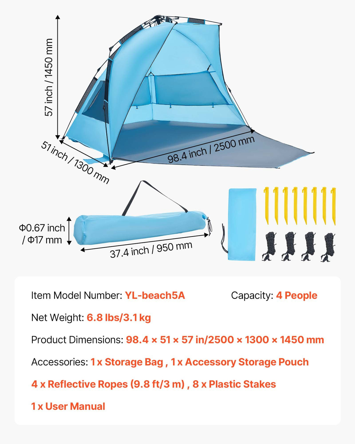 VEVOR Beach Tent Sun Shelter for 4 Person, Pop Up Beach Tent UPF 50+ Protection, Portable Sun Shade Canopy with Carrying Bag and Sand Pockets, Easy Setup Umbrella for Camping Fishing Outdoor Picnic - DBSSHTZPDBKS6YHGS001V0 - view 8