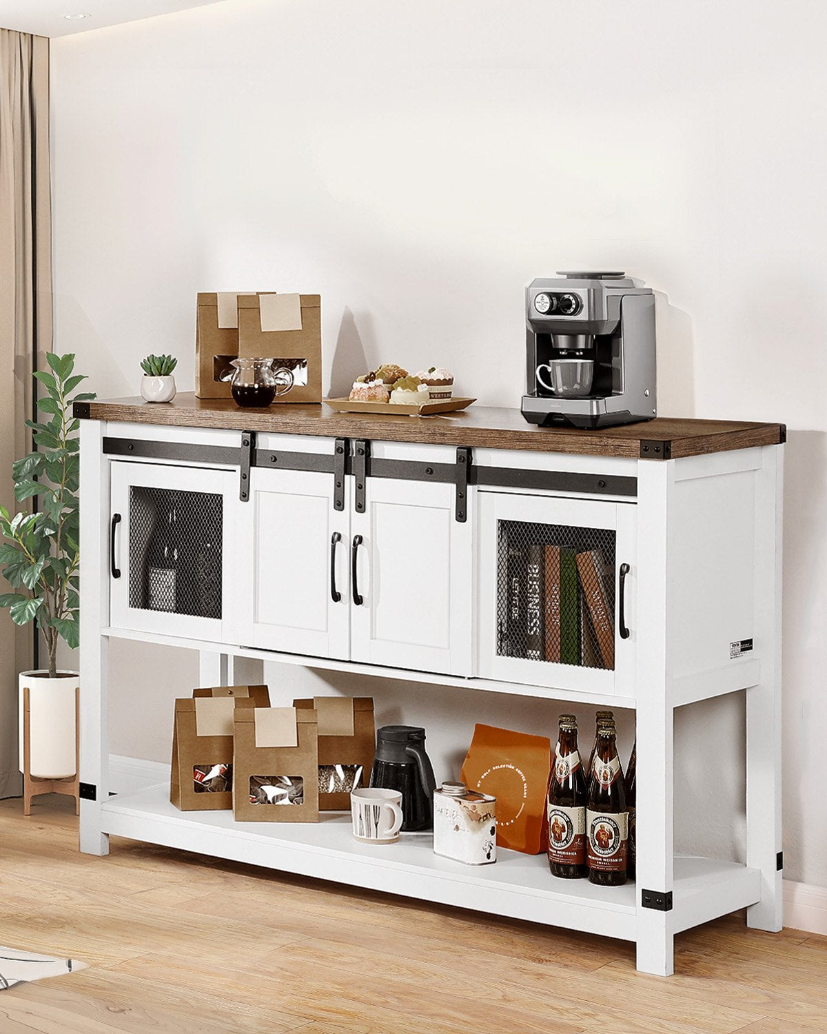 VEVOR Coffee Bar Cabinet, 47.3 x 15.7 x 32.7 in Farmhouse Coffee Bar Cabinet with 4-Tier Storage, Coffee Bar Table with Barn Doors, Farmhouse Sideboard Buffet Cabinet for Living Room, Entryway - DBSZSJSGCM47N5C6VV0 - view 3