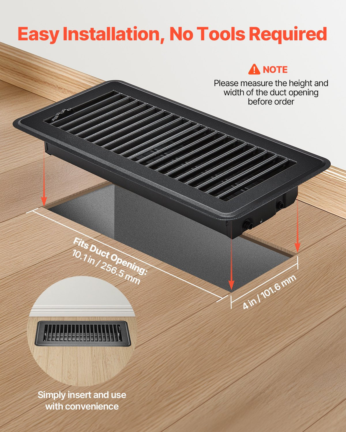 VEVOR 4 x 10 Inch Floor Registers, 12-Pack Vent Grilles, HAVC Heavy-Duty Walkable Iron Floor Vents, Easily Adjustable Rust-Proof Air Vents Deflector with Metal Damper, Ideal for Home & Office, Black - DBTFKHST12JTCNLQ2V0 - view 6