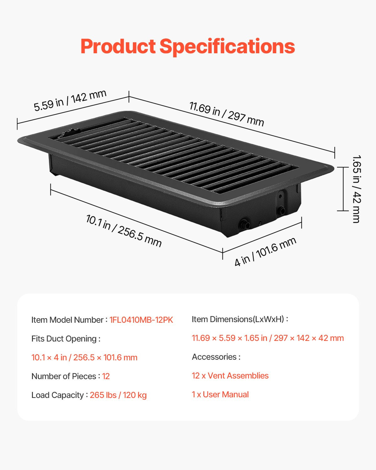 VEVOR 4 x 10 Inch Floor Registers, 12-Pack Vent Grilles, HAVC Heavy-Duty Walkable Iron Floor Vents, Easily Adjustable Rust-Proof Air Vents Deflector with Metal Damper, Ideal for Home & Office, Black - DBTFKHST12JTCNLQ2V0 - view 8