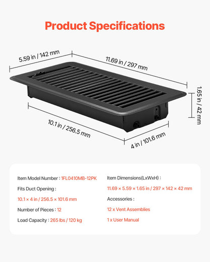 VEVOR 4 x 10 Inch Floor Registers, 12-Pack Vent Grilles, HAVC Heavy-Duty Walkable Iron Floor Vents, Easily Adjustable Rust-Proof Air Vents Deflector with Metal Damper, Ideal for Home & Office, Black - DBTFKHST12JTCNLQ2V0 - view 8