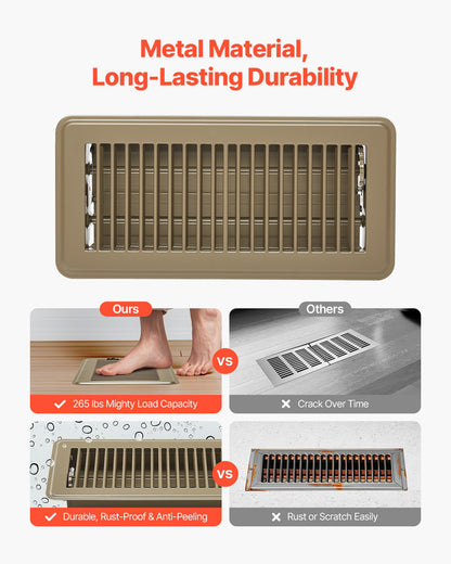 VEVOR 4 x 10 Inch Floor Registers, 6-Pack Vent Grilles, HVAC Heavy-Duty Walkable Iron Floor Vents, Easily Adjustable Rust-Proof Air Vents Deflector with Metal Damper, Ideal for Home & Office, Brown - DBTFKT104INCSE6SZV0 - view 4