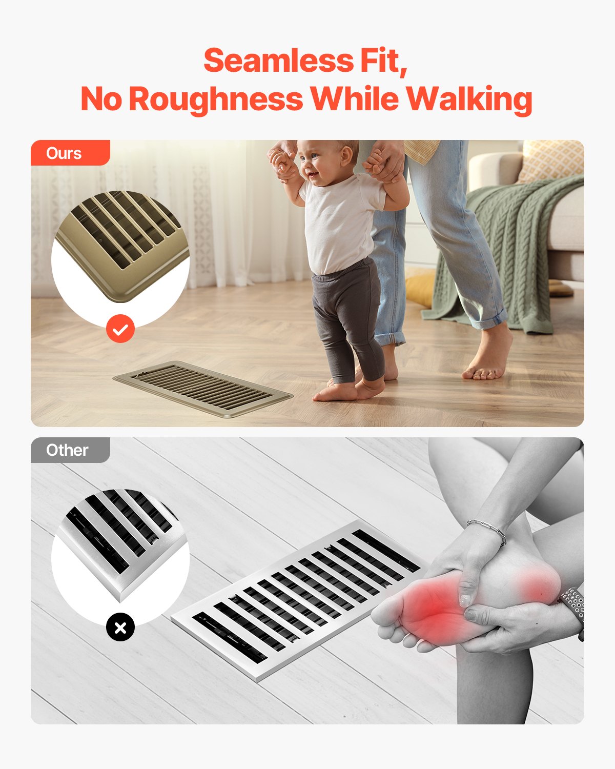 VEVOR 4 x 10 Inch Floor Registers, 6-Pack Vent Grilles, HVAC Heavy-Duty Walkable Iron Floor Vents, Easily Adjustable Rust-Proof Air Vents Deflector with Metal Damper, Ideal for Home & Office, Brown - DBTFKT104INCSE6SZV0 - view 7