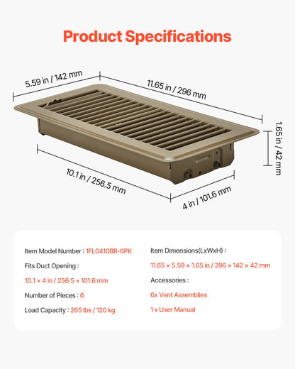 VEVOR 4 x 10 Inch Floor Registers, 6-Pack Vent Grilles, HVAC Heavy-Duty Walkable Iron Floor Vents, Easily Adjustable Rust-Proof Air Vents Deflector with Metal Damper, Ideal for Home & Office, Brown - DBTFKT104INCSE6SZV0 - view 8
